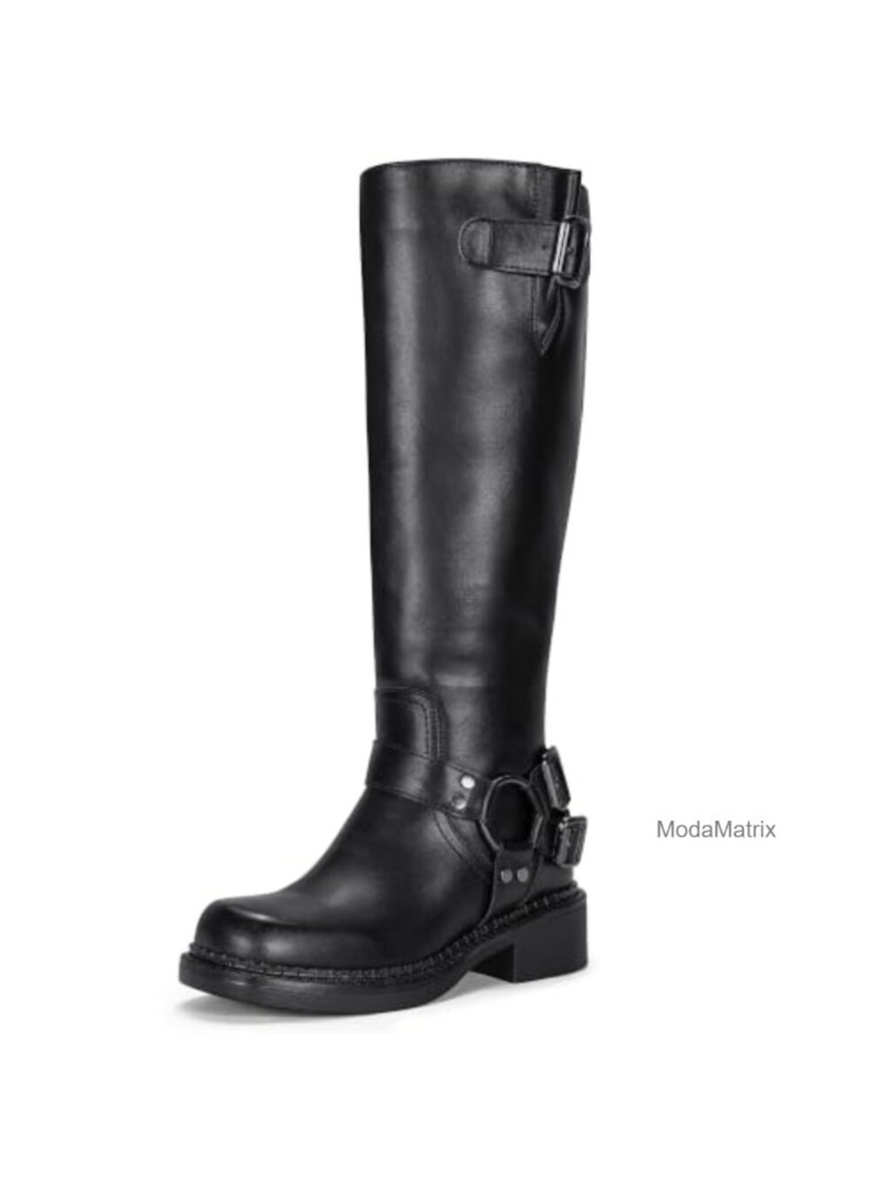 Knee High Riding Boots Square Toe Buckle Harness Style